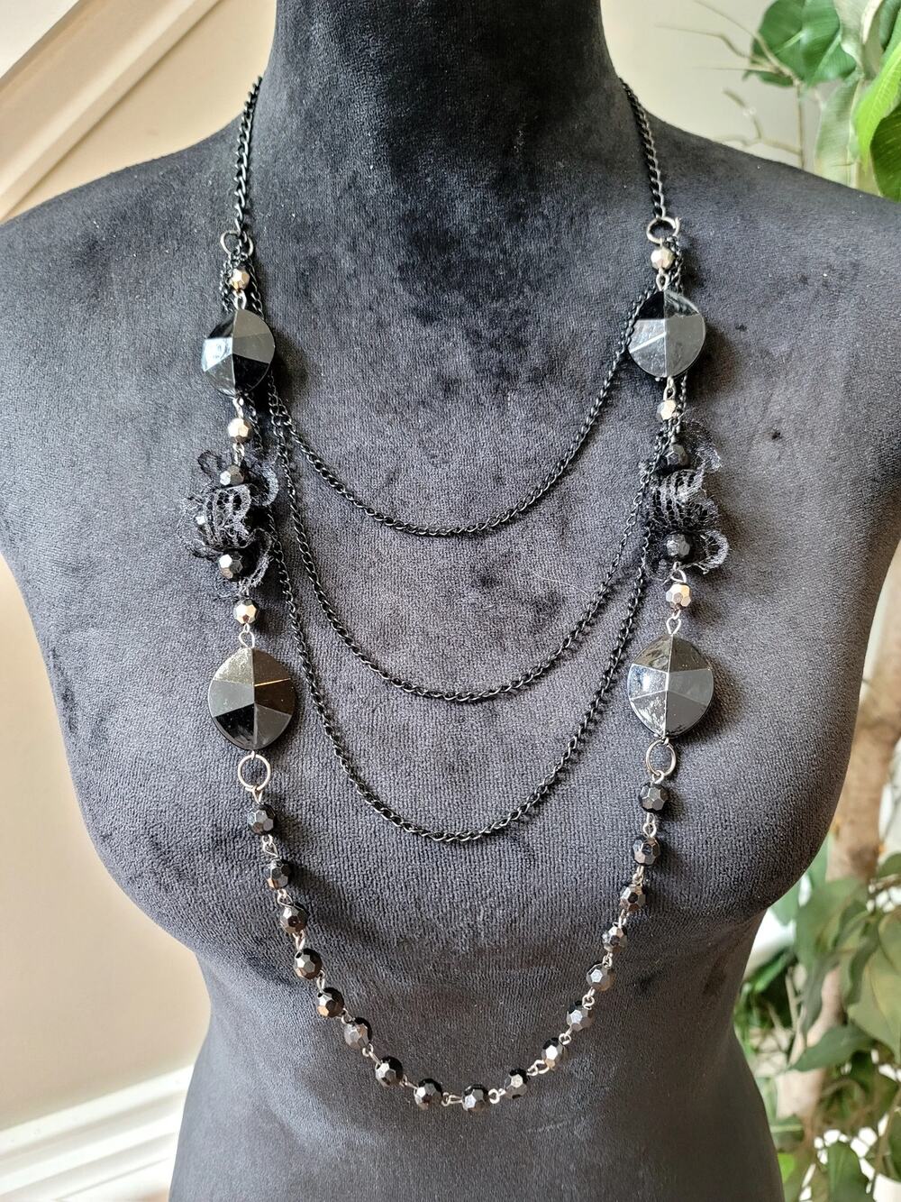 Black Gunmetal Layered Chain Beaded Statement Necklace Fashion Jewelry